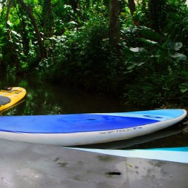 a blue and white boat sitting next to a pool of water