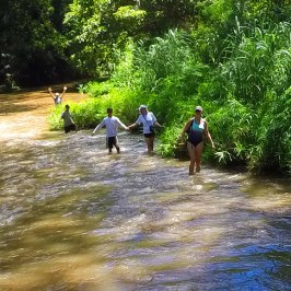 a group of people walking down a river