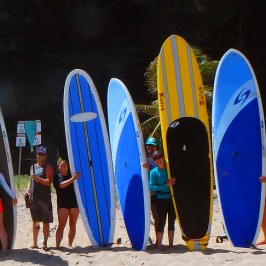 a group of people on a beach holding a surfboard standing in the sand