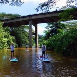 a group of people standing in a river