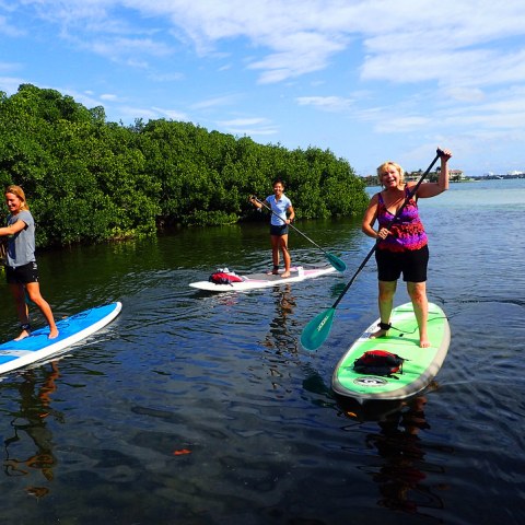 a group of people riding on the back of a boat in the water