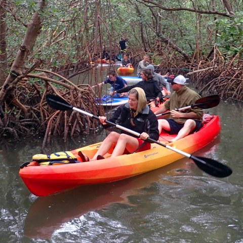 a person in a red boat on the water