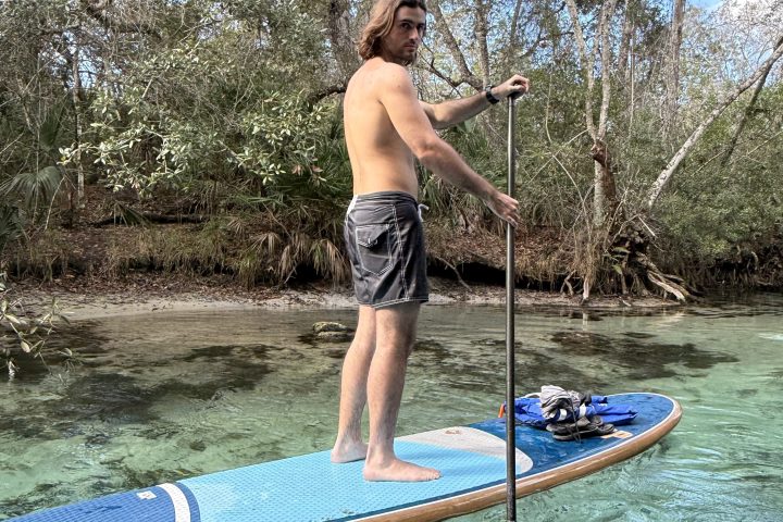 Person paddleboarding on clear water surrounded by trees.